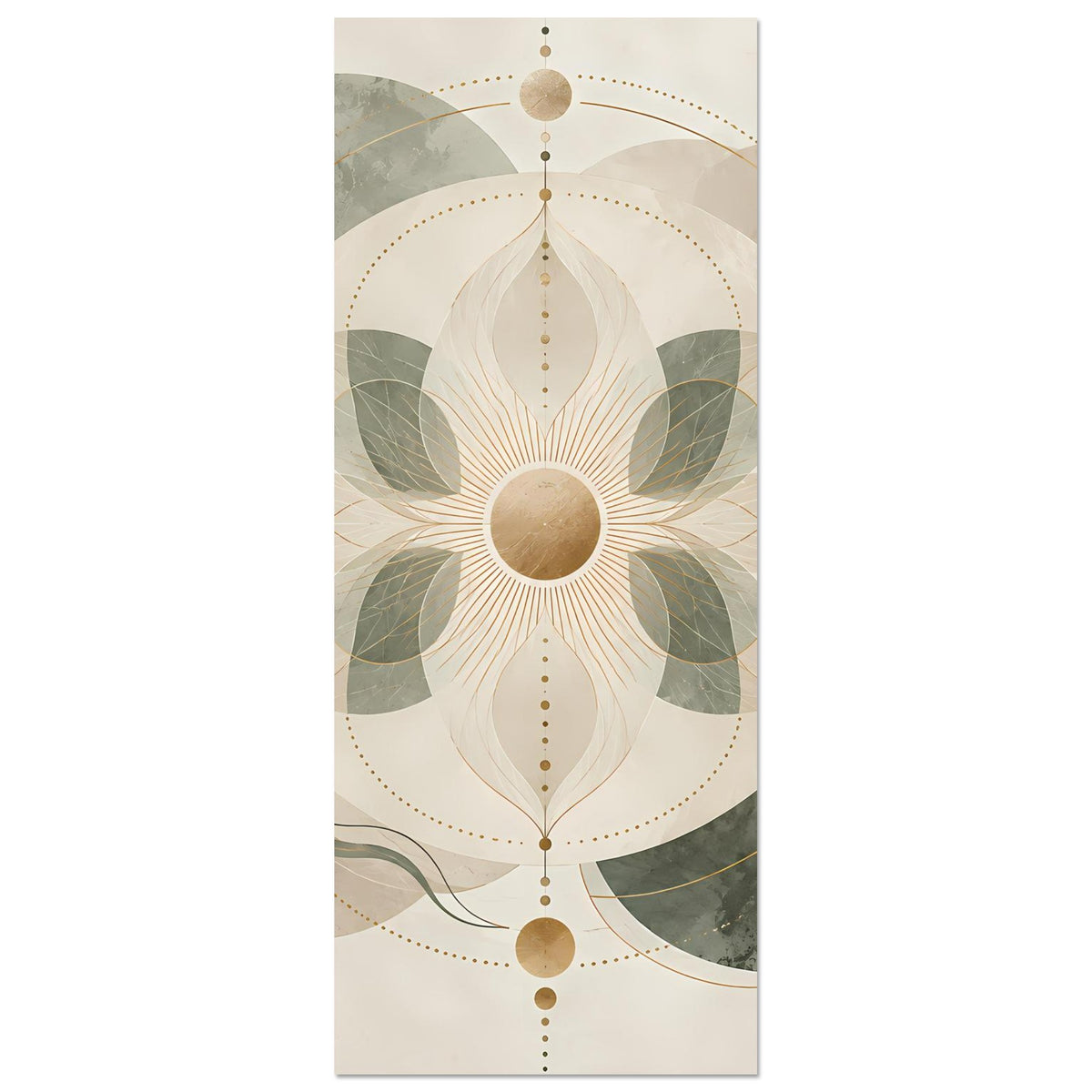 Vertikales Poster mit Lotus-Mandala in Beige und Grün, goldene Linien im Zentrum