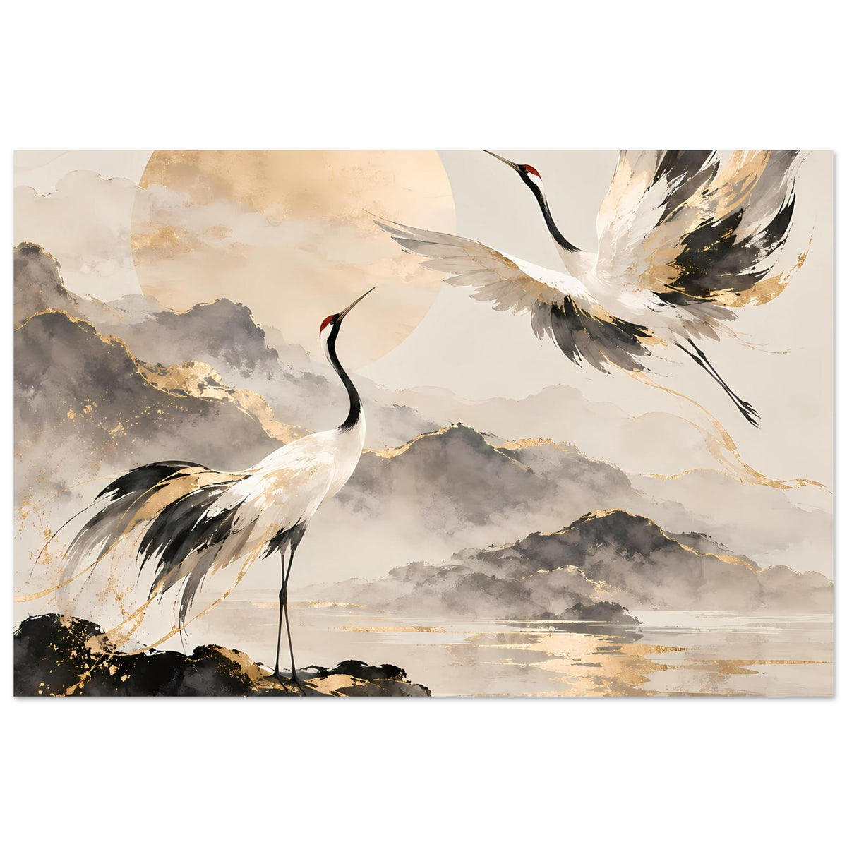 Poster mit Kranichen in Gold- und Grautönen, zwei Vögel im Vordergrund, ruhige Wolken
