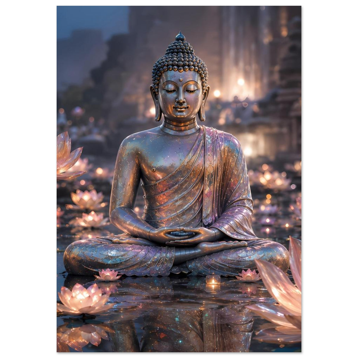 Wandposter mit Buddhafigur in Meditationspose, detailliertes Gewand, Lotusblüten und Lichtglanz