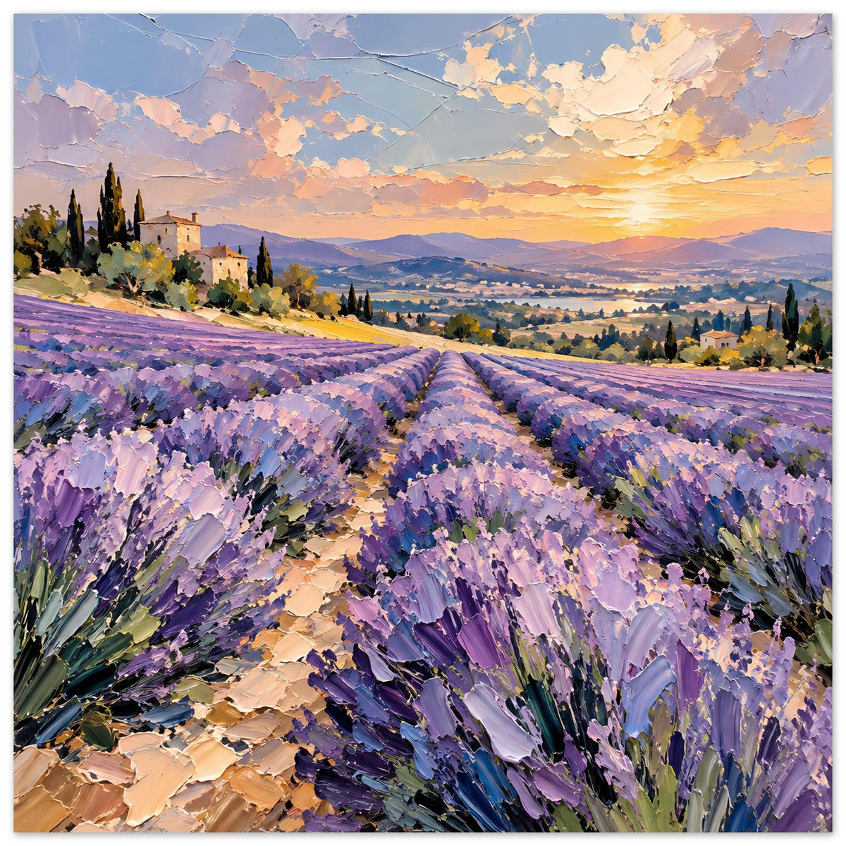 Poster mit Lavendelfeld im Sonnenuntergang, dichte lila Blütenreihen und Weg im Tal