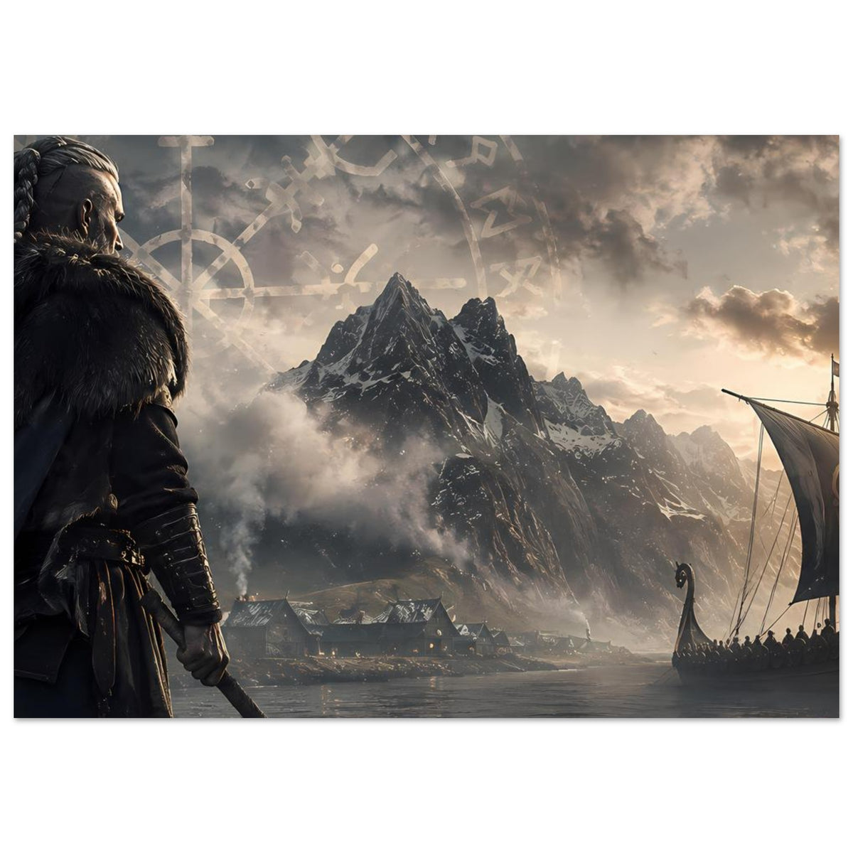 Wandposter mit Wikingerkrieger, Langschiff und Runenrad über Berglandschaft am Fjord