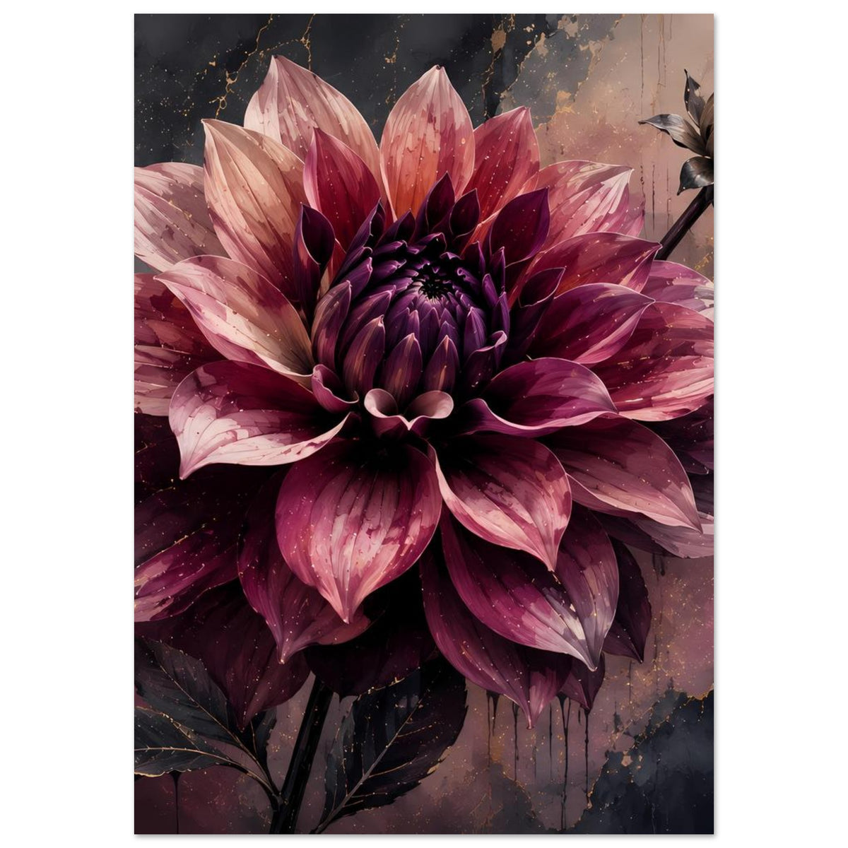 Blumenposter: große Dahlie mit dunkelvioletten Blütenblättern und goldenen Sprenkeln im Motiv