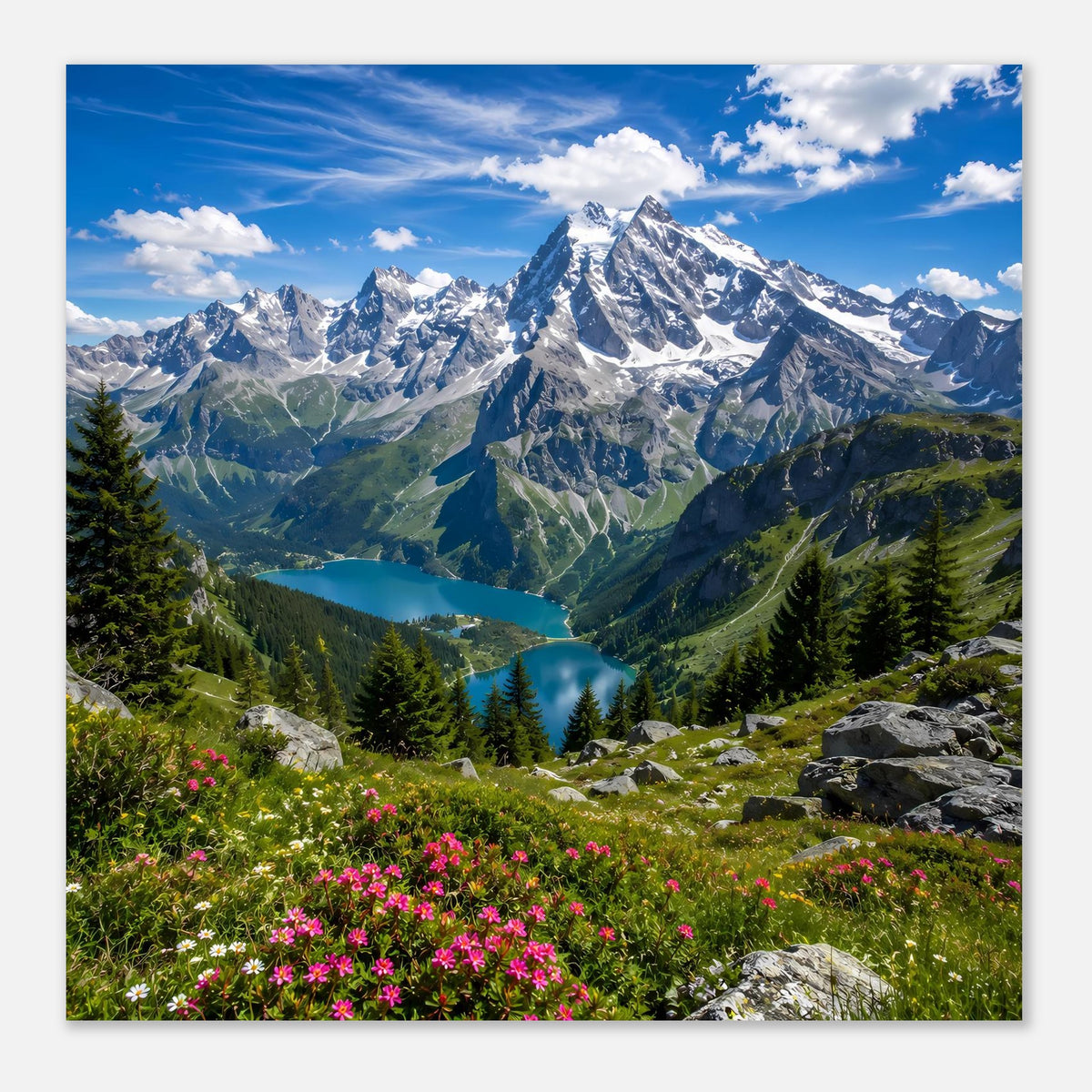 Horizontales Poster mit Alpenlandschaft, See im Tal, Fichten und pinke Blüten