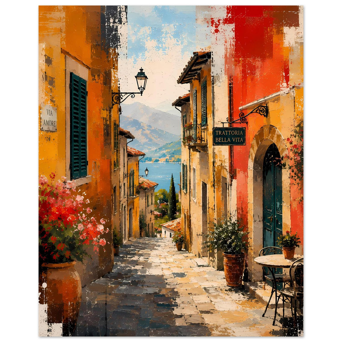 Kunstdruck-Poster mit italienischer Gasse, orange-gelbes Haus, Laterne und Blumen am Weg