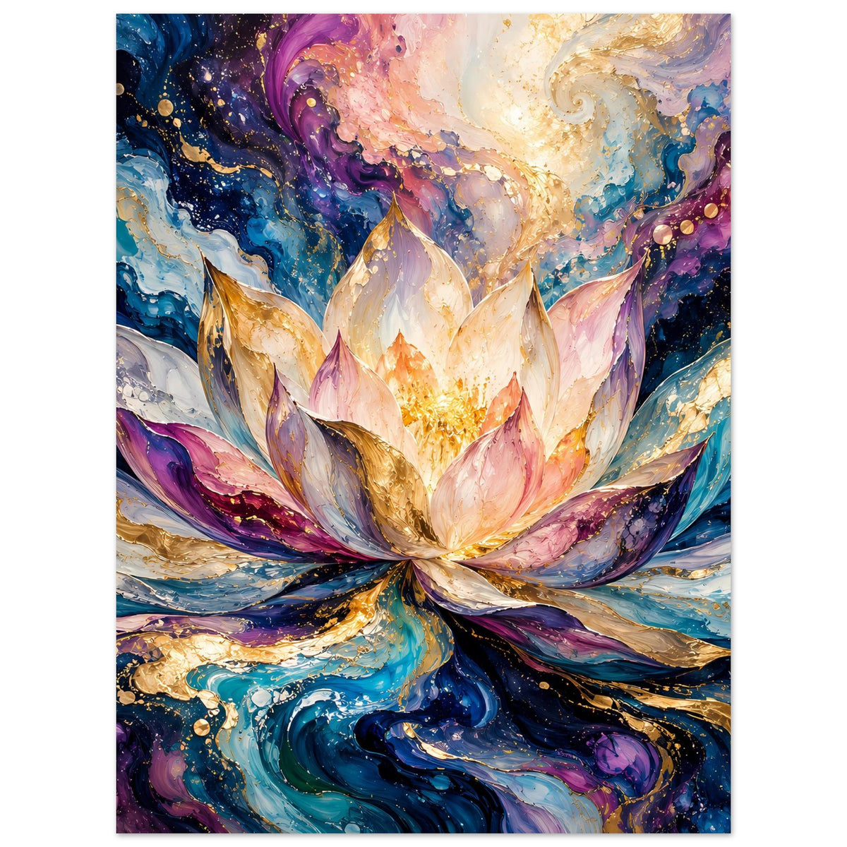 Blumenposter mit leuchtender Lotusblüte und goldenen Akzenten, umgeben von bunten Wirbeln