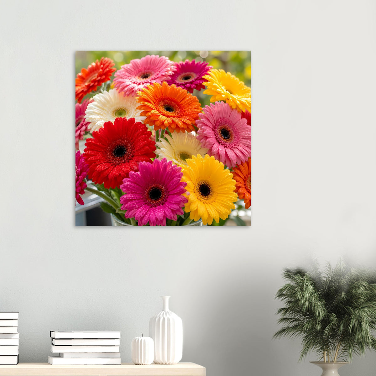 Gerbera-Blumenstrauß Poster im Rahmen, buntes Blütenmeer aus gelben, pinken und roten Gerbera