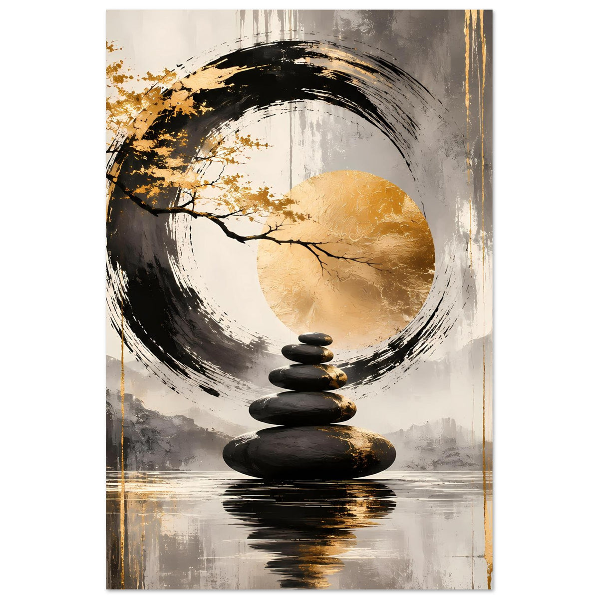 Zen-Artposter mit Steinstapel im Zentrum, Kreis und Baumzweigen, warme Goldtöne auf hellem Grund