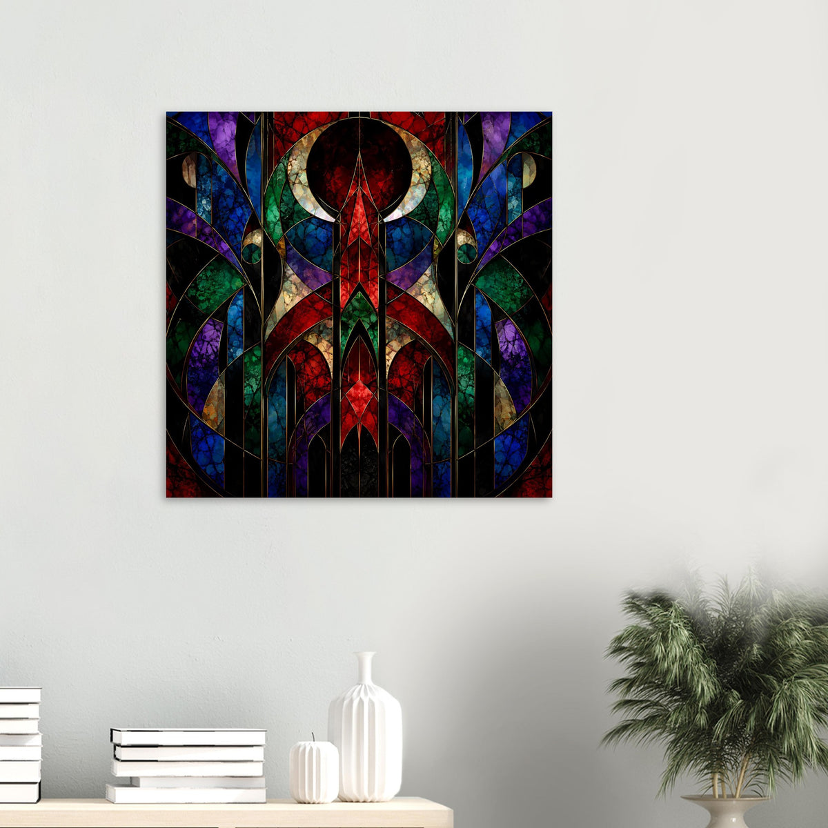 Vertikales Art-déco-Poster mit buntem Buntglas-Mosaik und Geometrie