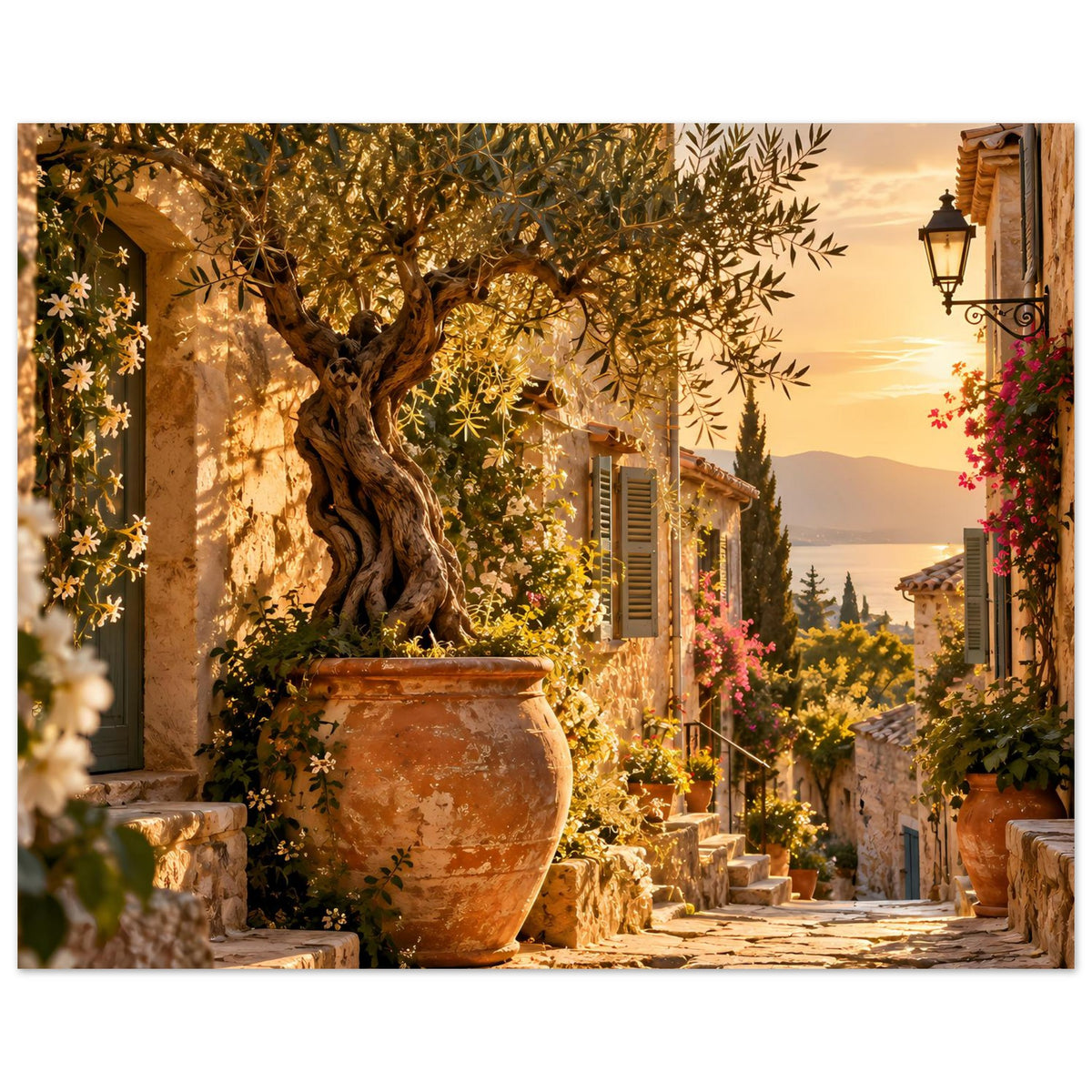 Mediterranes Poster mit Olivenbaum, Terrakotta-Vase, Steingasse, Laterne und Blüten