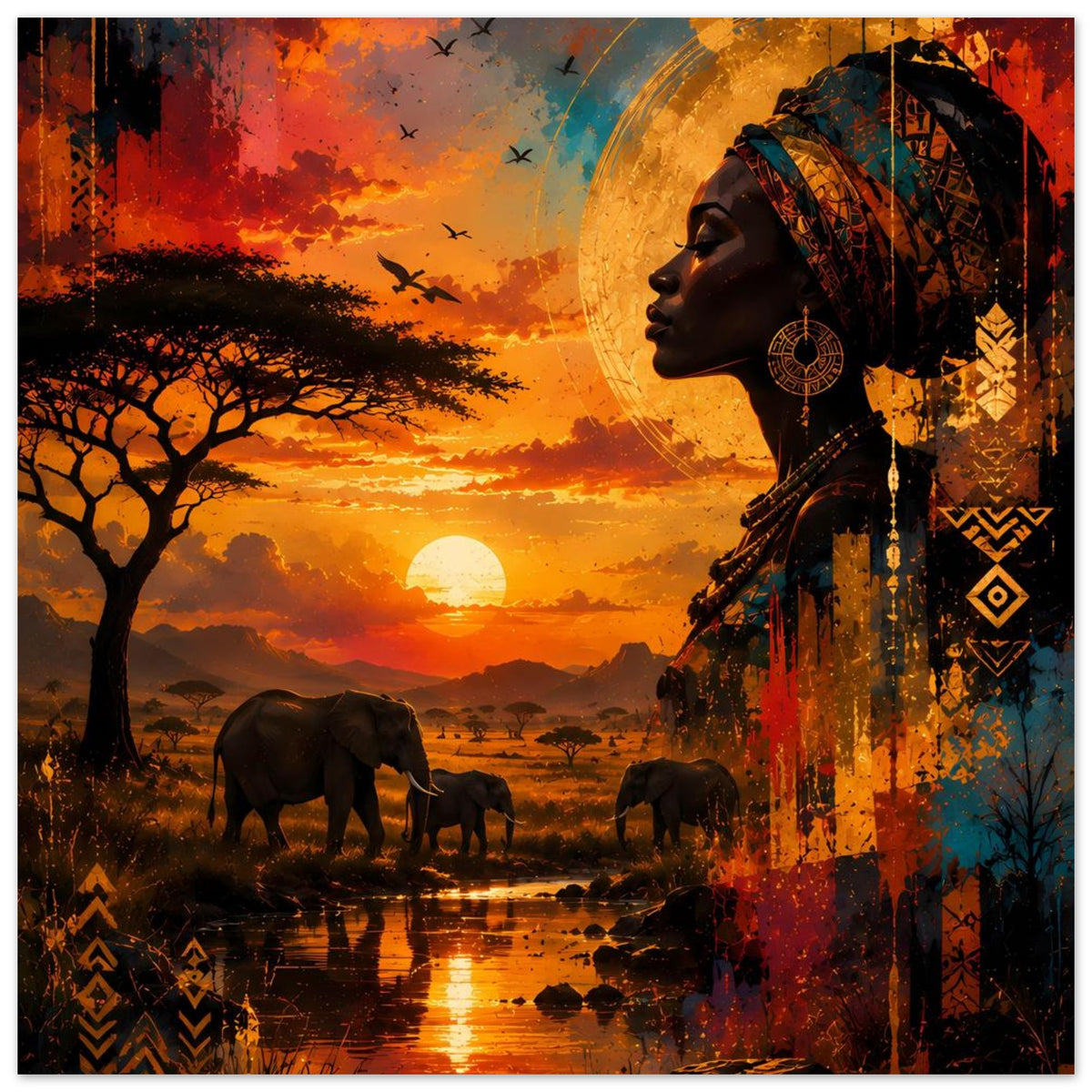 Poster-Detail mit Frau im Profil und Schmuck, Savanne mit Elefanten und orangefarbenem Himmel