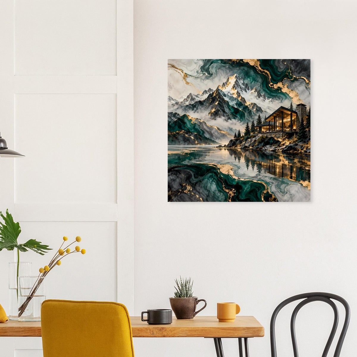 Naturblick-Poster mit Gebirge, ruhigem See und Haus im Abendlicht, türkisgrüne Muster