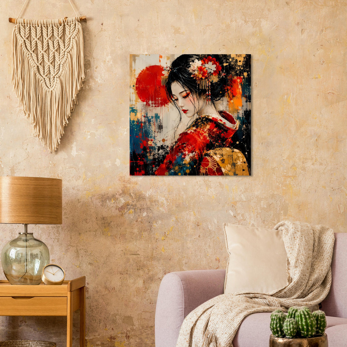 Wandposter mit Geisha-Porträt im roten Kimono und goldener Musterung, Haarkamm mit Blumen.