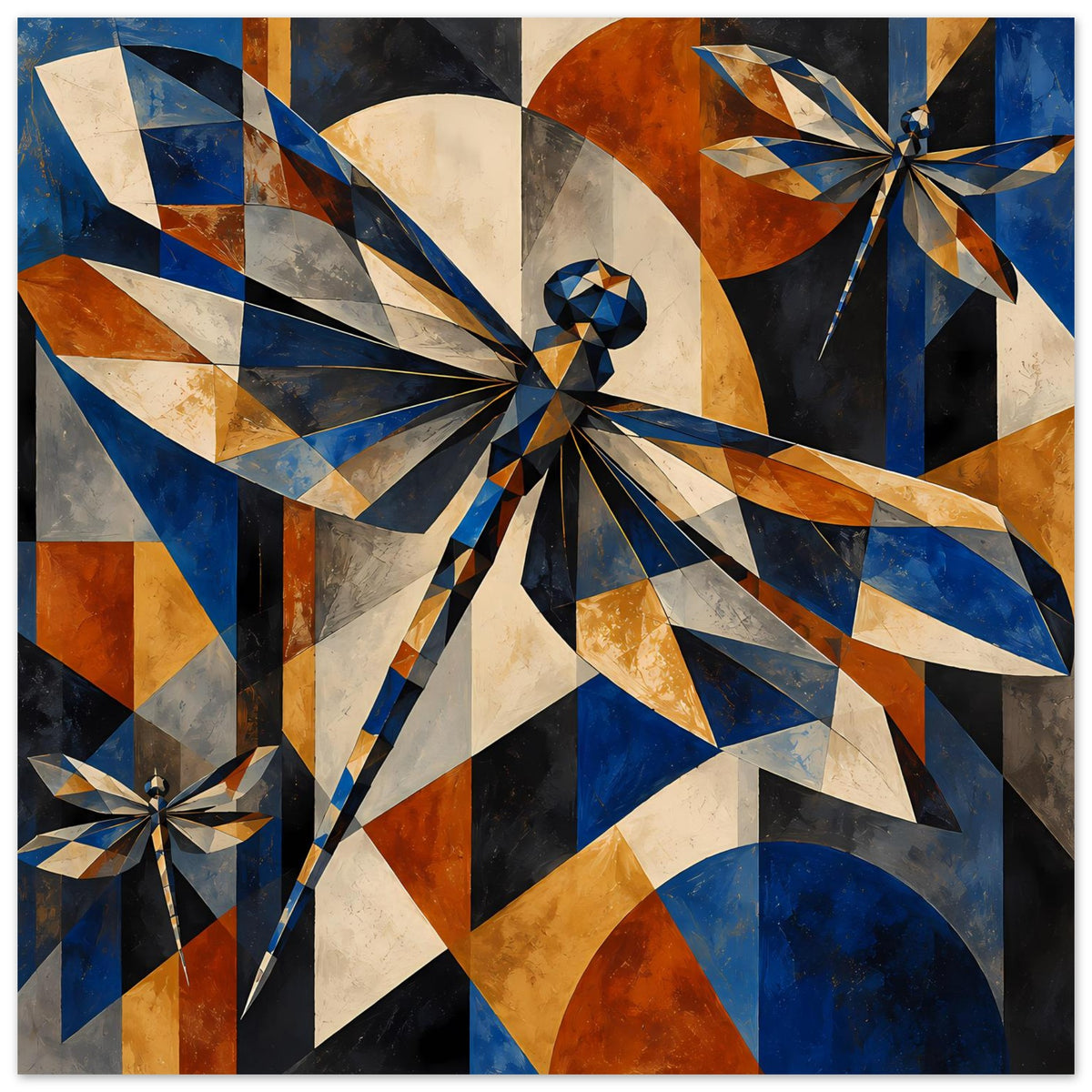 Kunstposter mit geometrischen Libellen: Flügelranken aus Dreiecken in Blau, Kupfer und Dunkelgrau.
