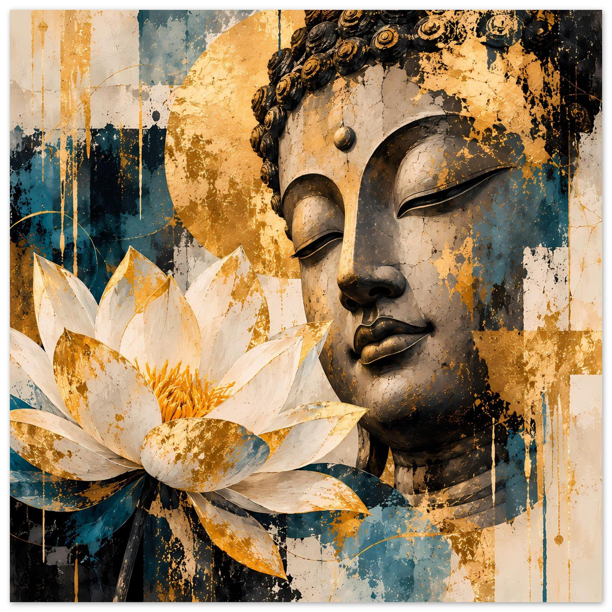 Buddha-Poster mit Lotusblüte und Buddha-Gesicht, goldene Sprenkel und türkisfarbene Flächen, quer.
