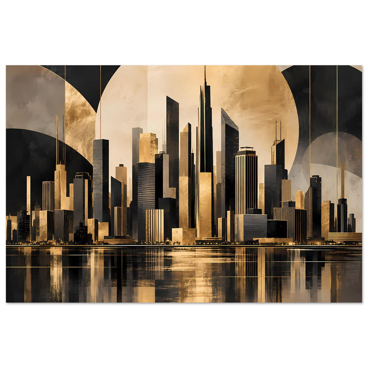 Horizontales Stadtposter mit goldschwarzen Hochhäusern, breiten Bögen und Wasserreflexion