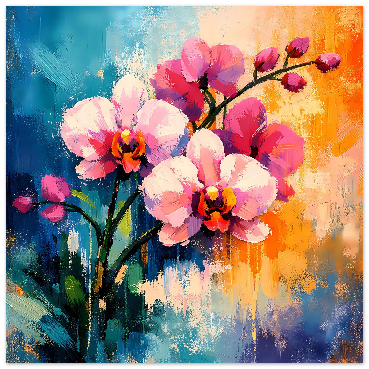 Blumenposter mit mehreren Blüten und Knospen, abstrakt in Pink/Weiß mit türkis-blauen Tönen