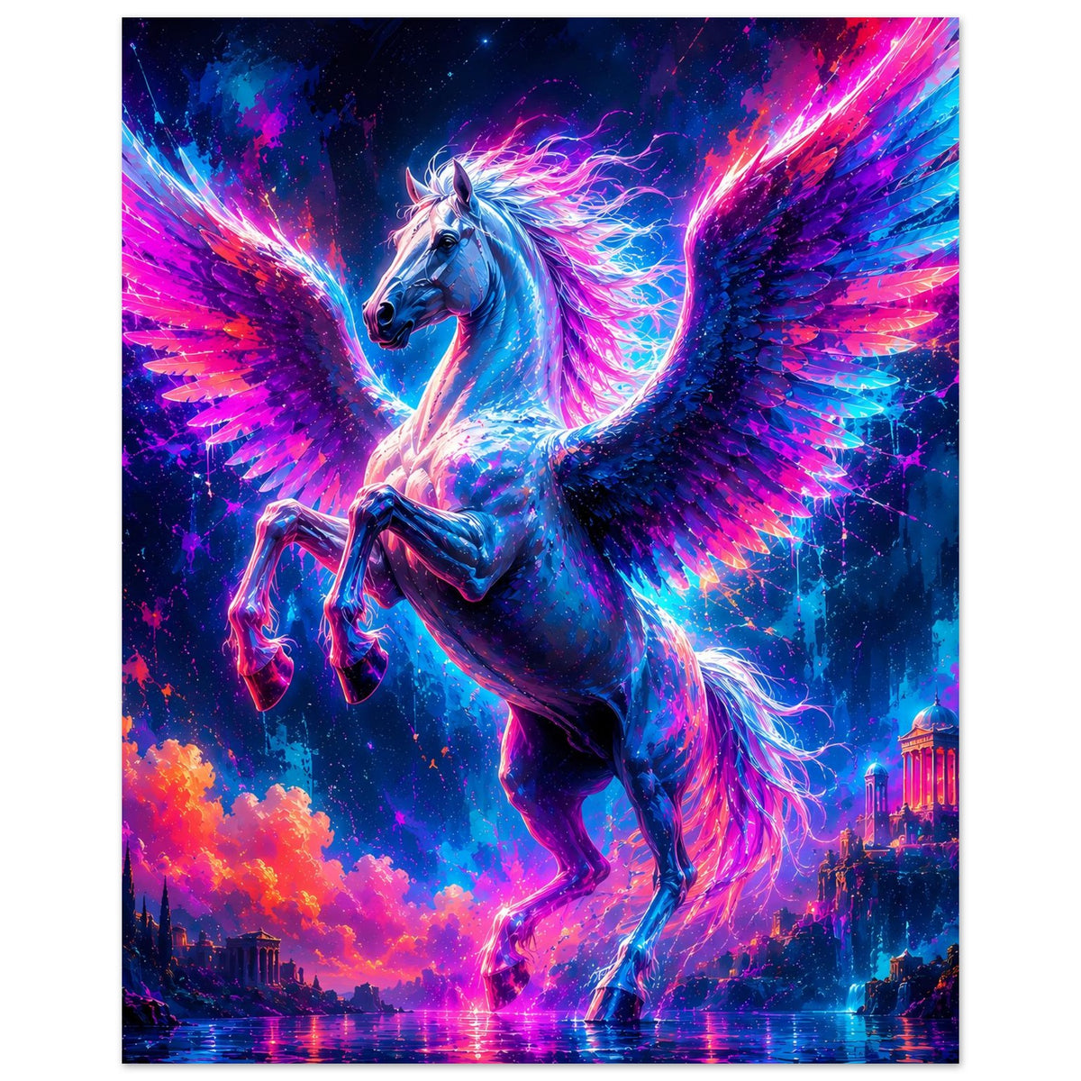 Leuchtendes Pegasus-Poster, hochkant: blauer Pegasus mit leuchtenden Flügeln
