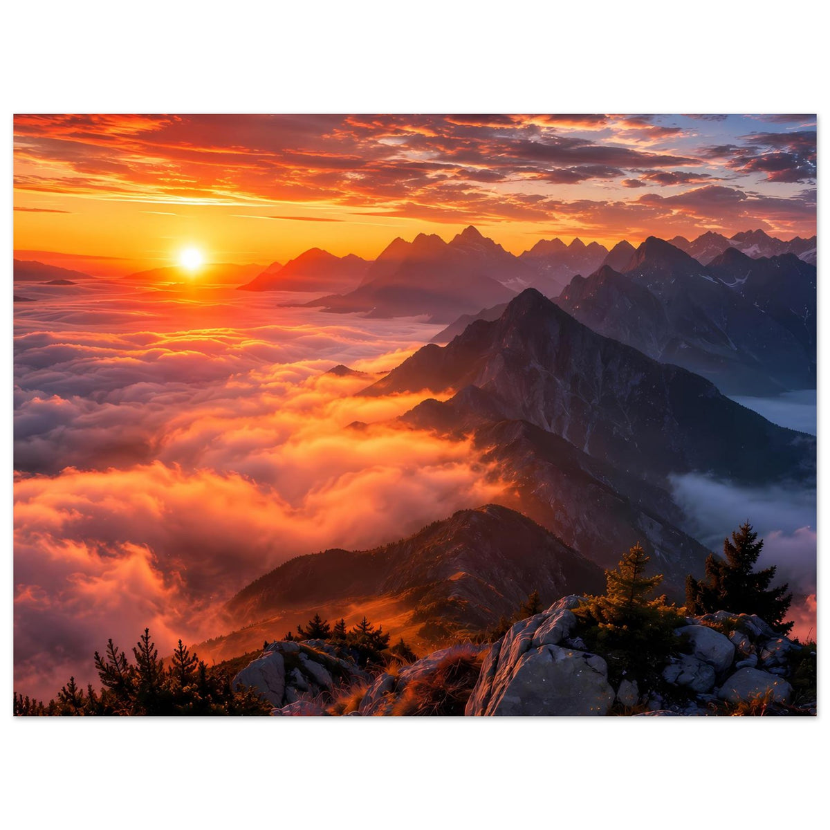 Poster im Querformat mit Sonnenaufgang über Bergspitzen und Wolkenmeer