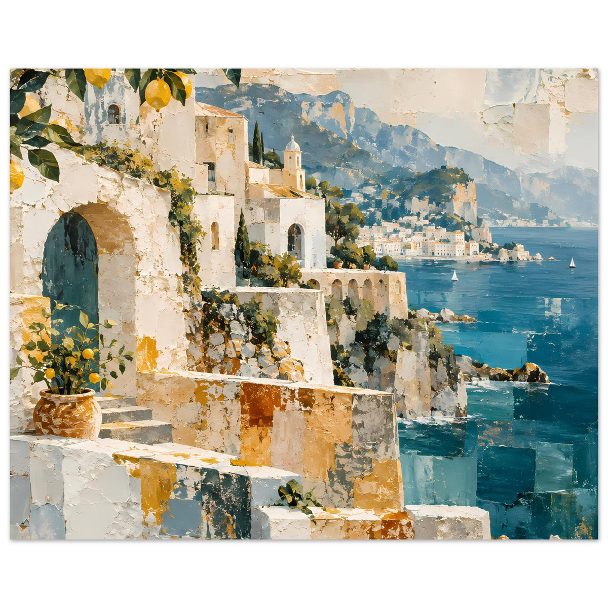 Kunstposter mit Küstenblick, ockerfarbene Wände und tiefblaues Meer, vorn Blumen-Gefäß