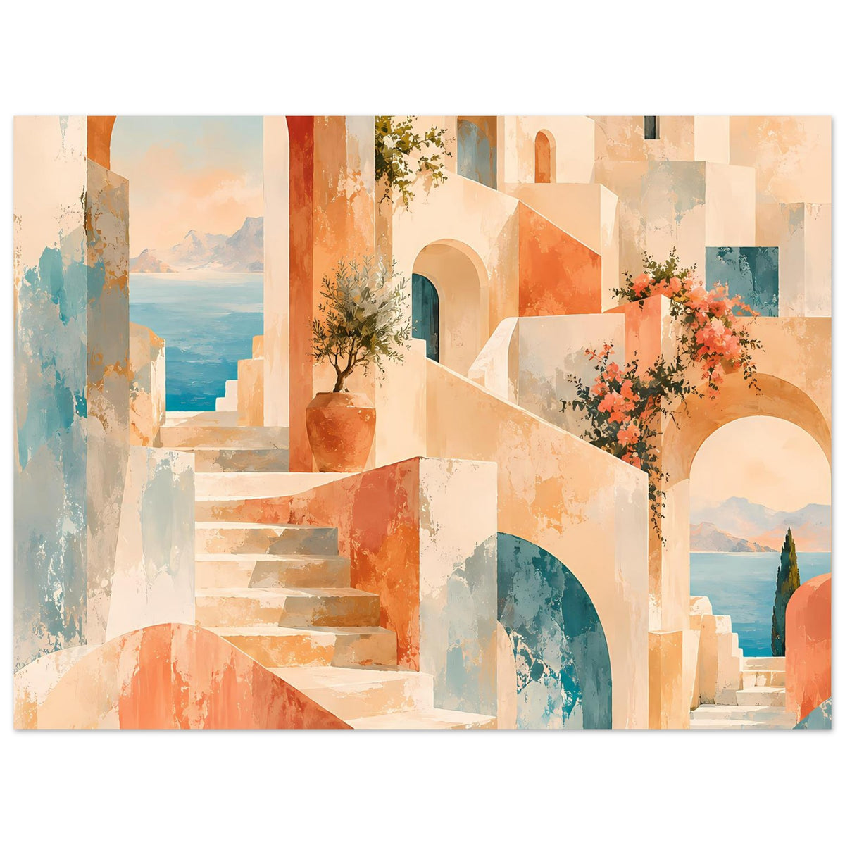 Mediterranes Poster: Treppe zwischen Bögen, Tontopf und rosa Blüten, Meer und Landschaft im Hintergrund