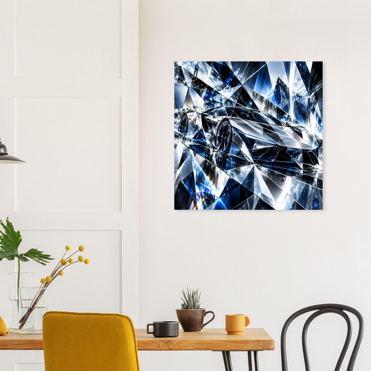 Blau-silbernes Kristall-Sportwagen-Poster mit geometrischen Lichtkanten