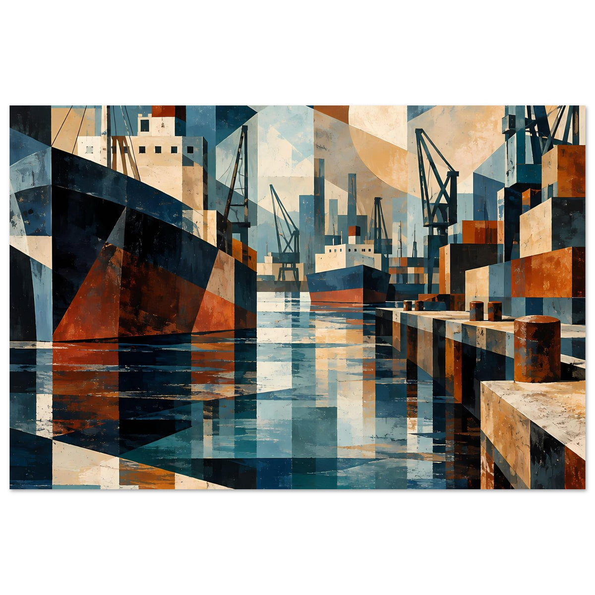 Geometrischer Hafen-Kunstdruck mit Wasser, Kränen und Gebäuden in Blau- und Erdtönen