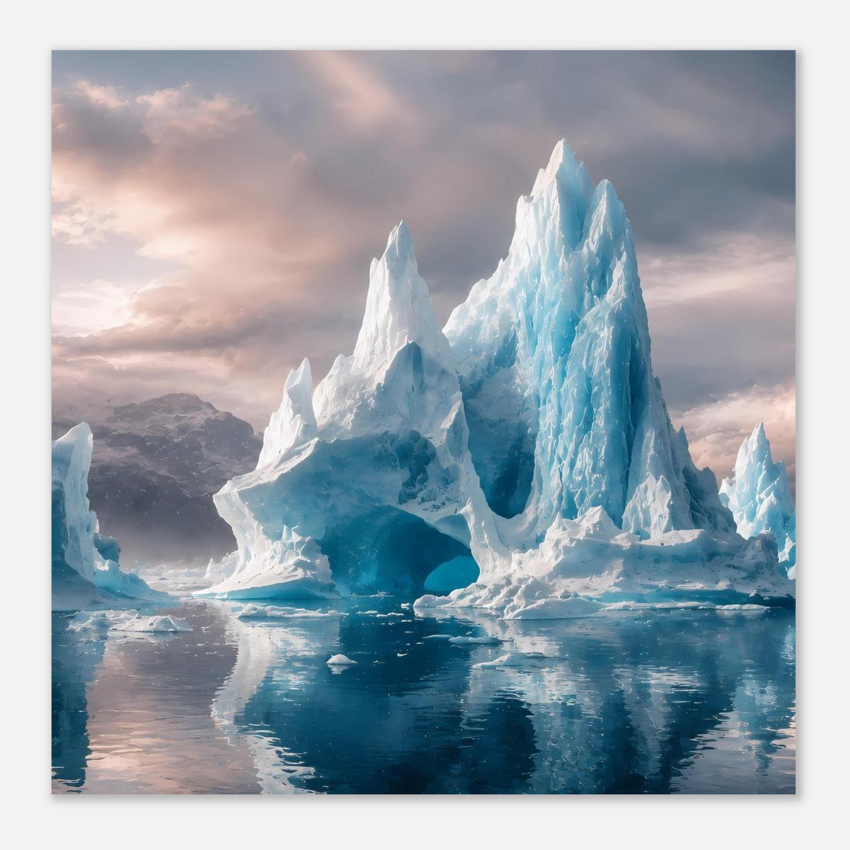 Eisberg-Poster im Querformat mit Eisbergen und Reflexionen auf dem Wasser