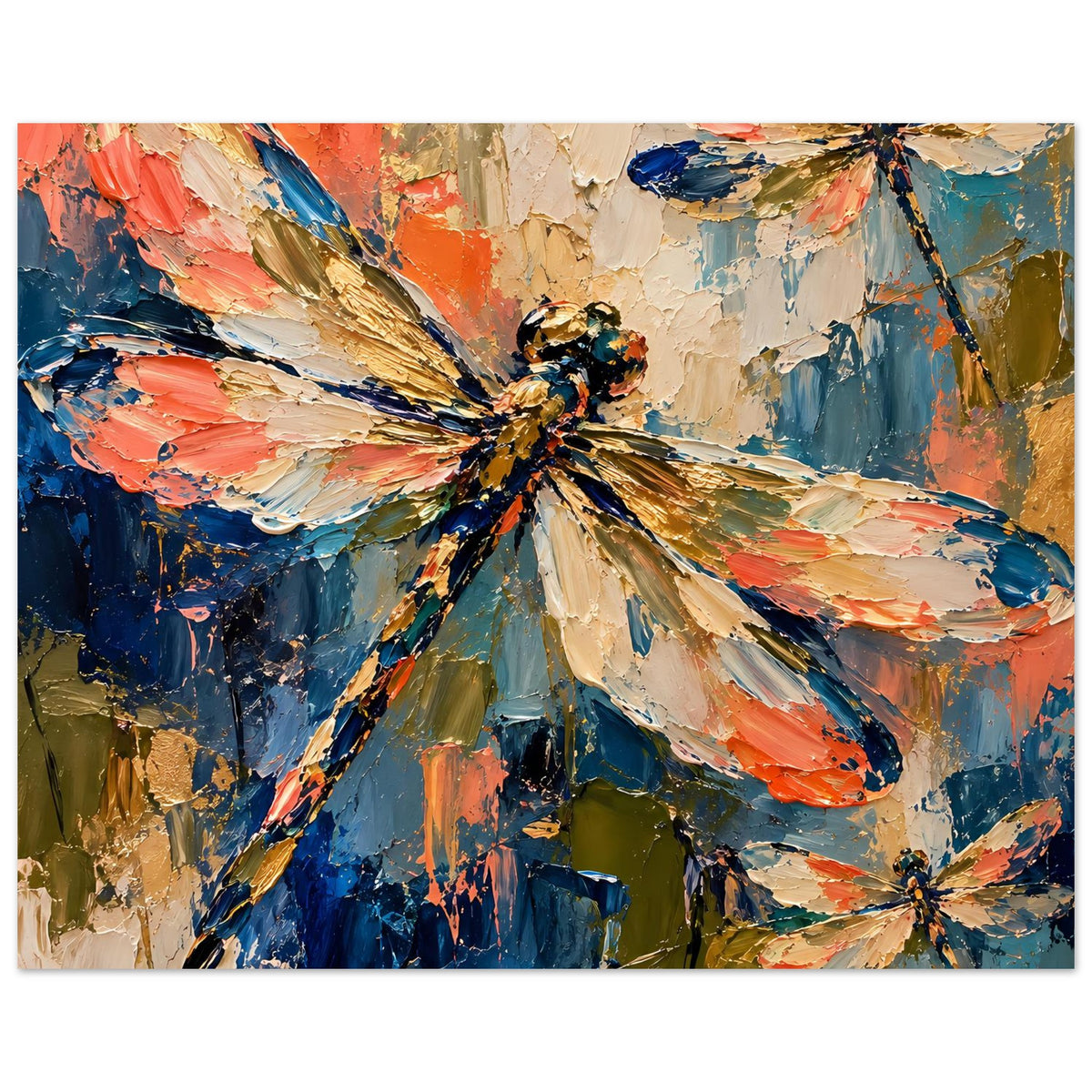 Kunstposter mit Libellenmotiv, horizontal; abstrahierte Libelle mit orangefarbenen Flügelkanten