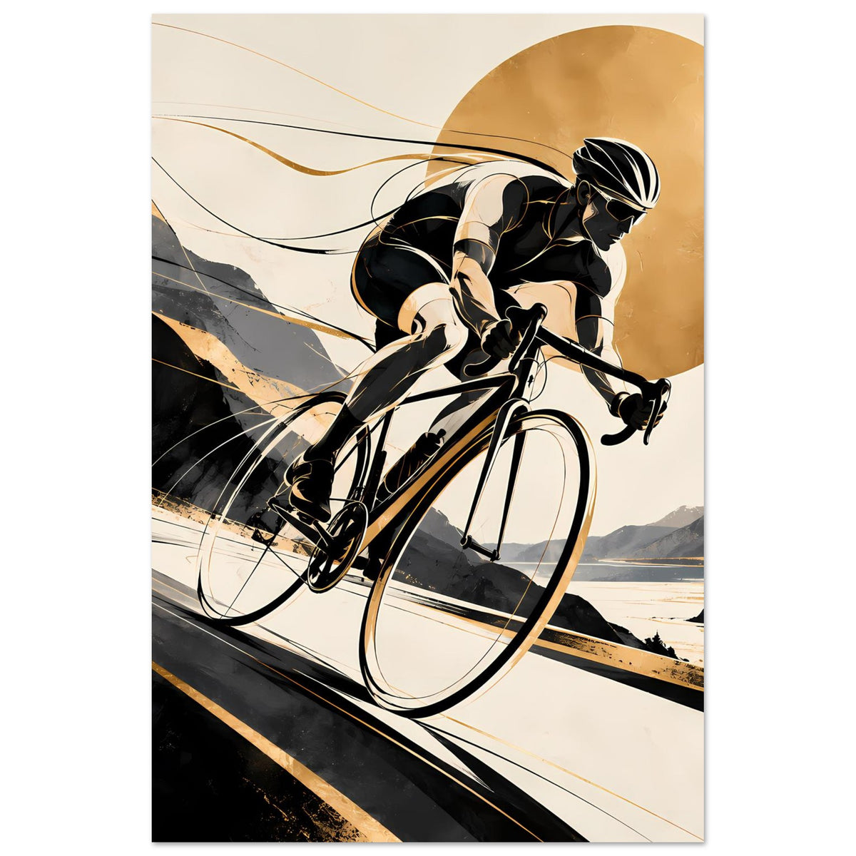 Sportposter: Rennradfahrer in Schwarz und Gold, Hände am Lenker, Vorderansicht im Querprofil