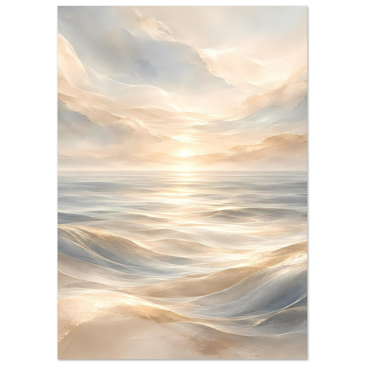 Wandposter mit flachen Meereswellen und aufgehender Sonne, sanfte beige-graue Abstufungen