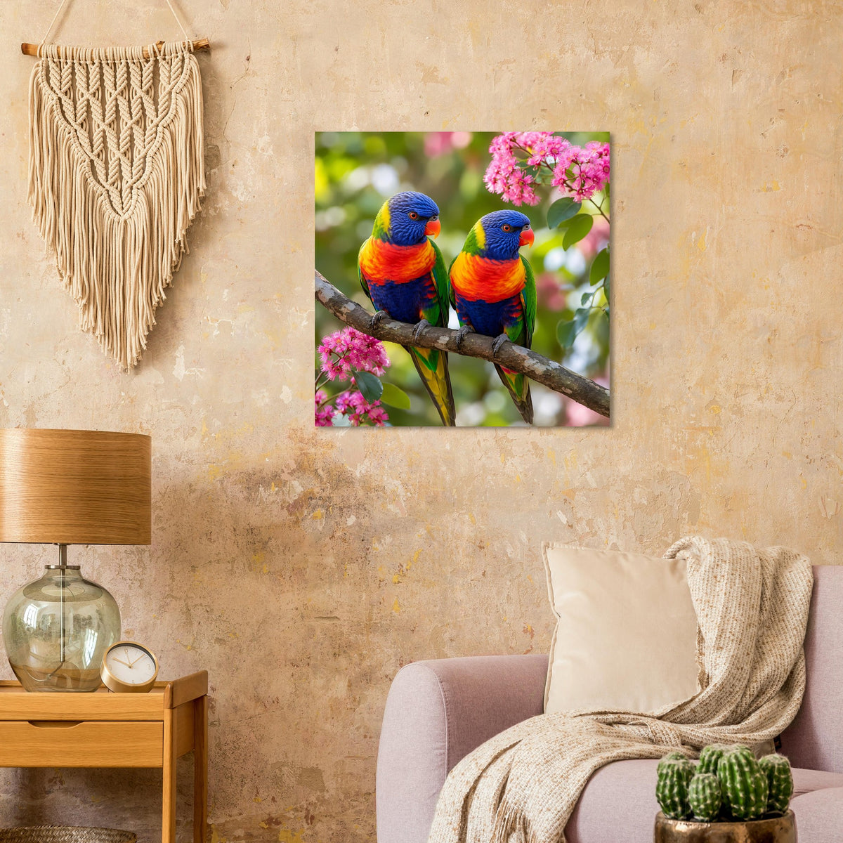 Poster mit zwei Regenbogenloriquets auf Ast vor rosa Blüten.