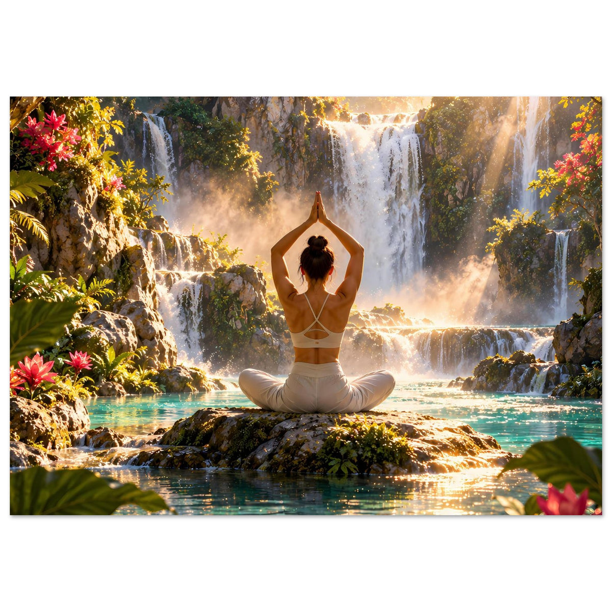Yoga-Meditationsposter mit Frau im Lotussitz, erhobenen Armen und Wasserfällen im Hintergrund