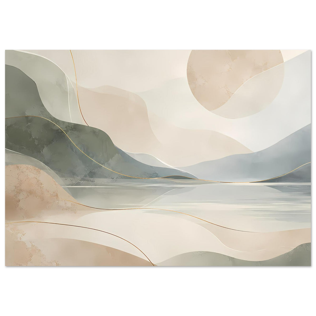 Poster mit näherem Blick auf Berge und See, Goldlinien über Beige und Blau-Grau