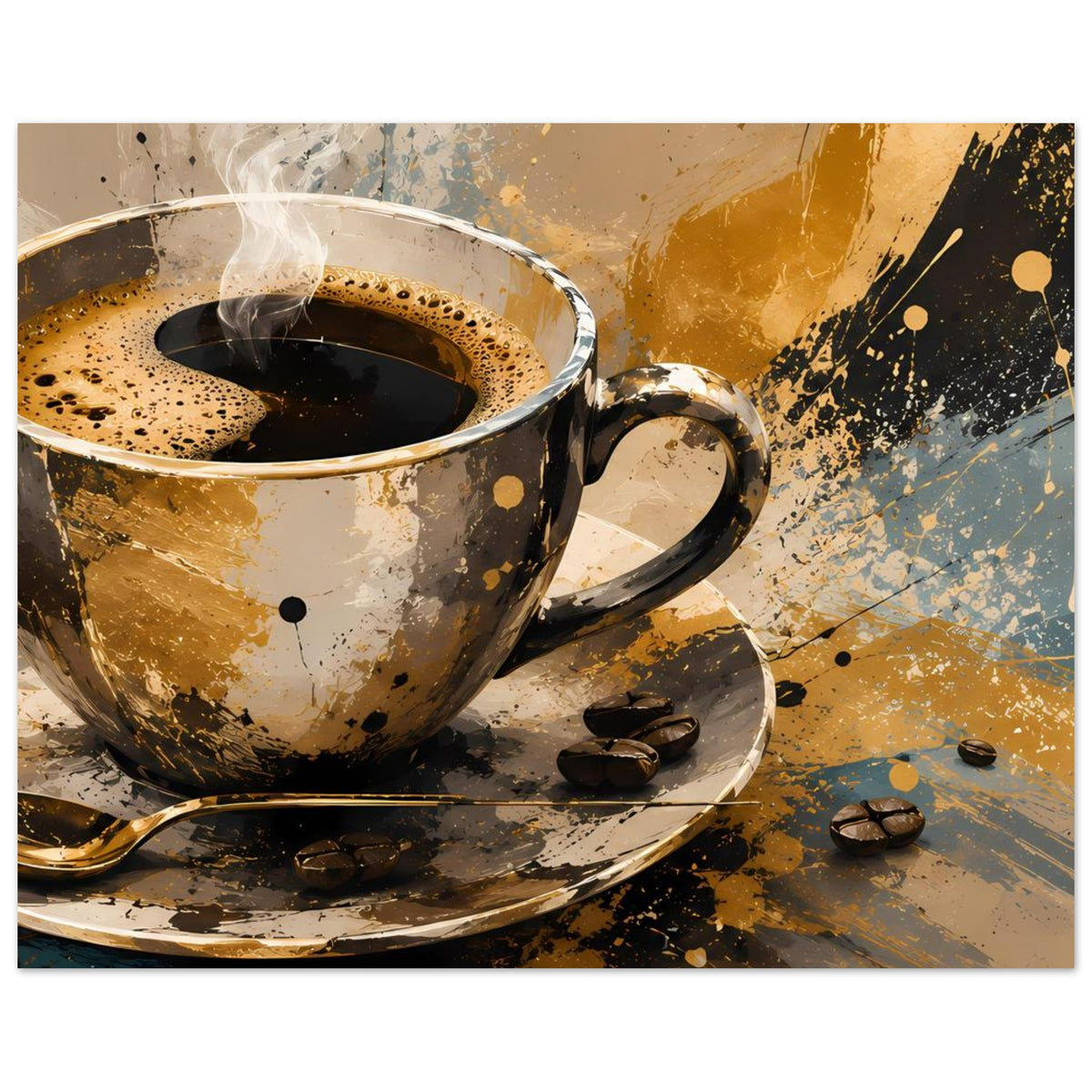 Kunstposter: Kaffeetasse mit schwarzem Kaffee, Dampfwolke über der Tasse, Bohnen auf Untertasse