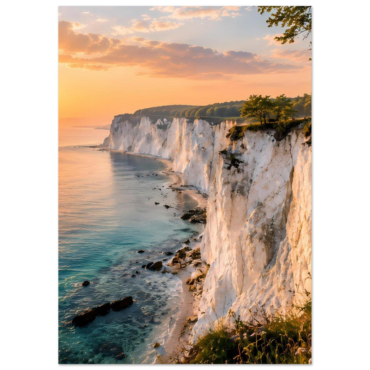 Poster im Hochformat mit Blick auf Steilküste, Meer und orangefarbenem Abendhimmel
