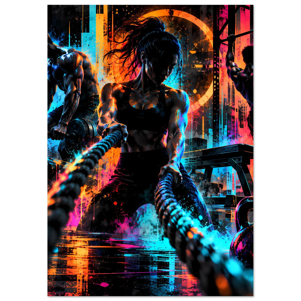 Neon-Fitnessposter im Hochformat mit Sportlerin, Langhantel und leuchtendem Farbverlauf.