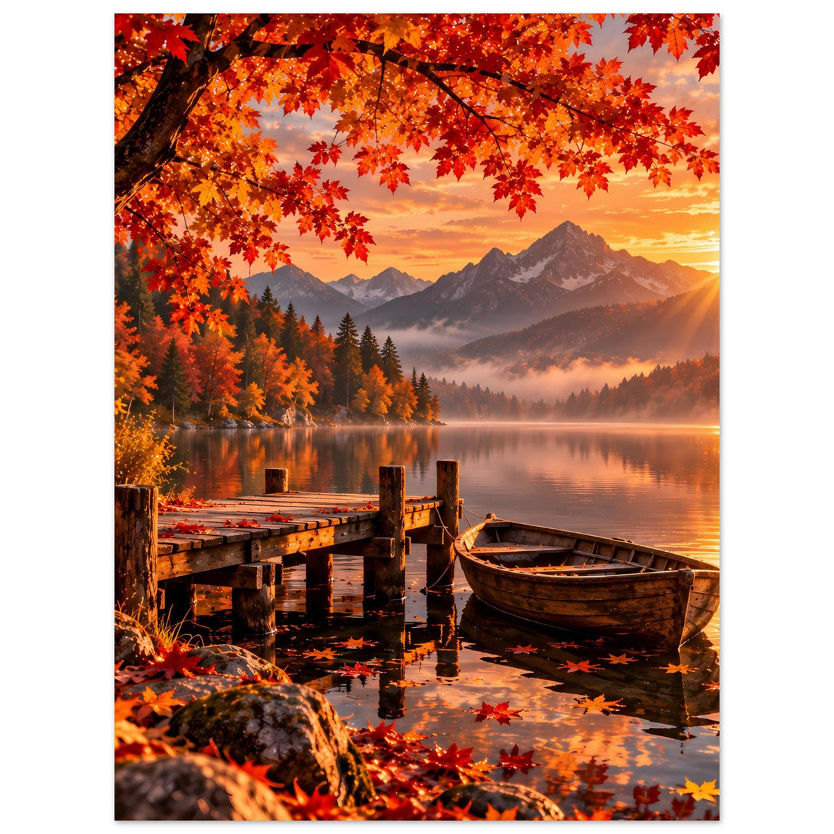 Vertikales Poster der Herbst-Berglandschaft: See, Holzsteg, Boot und Laubkrone