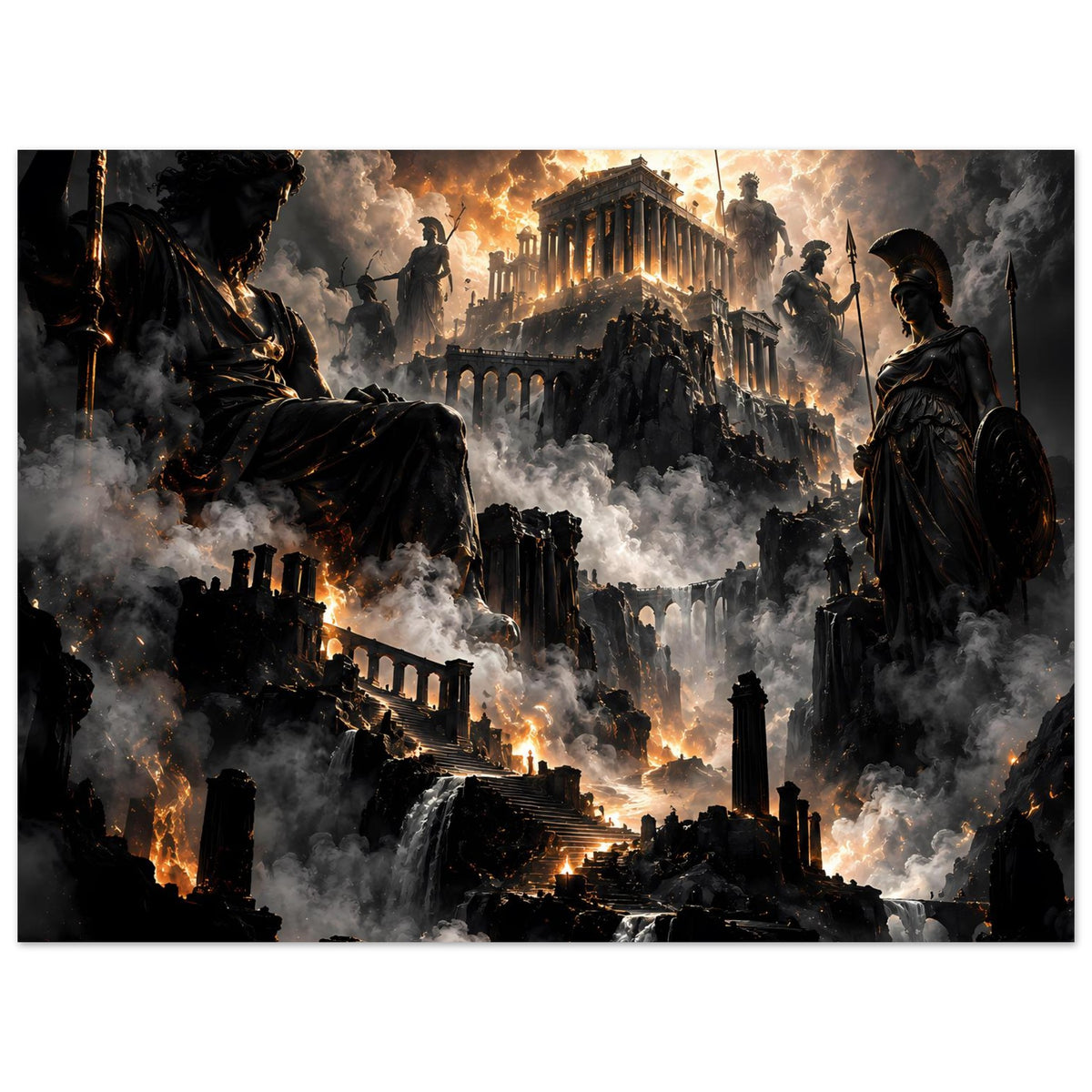 Fantasy-Poster im Querformat: zentrale Ruinenanlage, mythische Krieger, Flammenhimmel