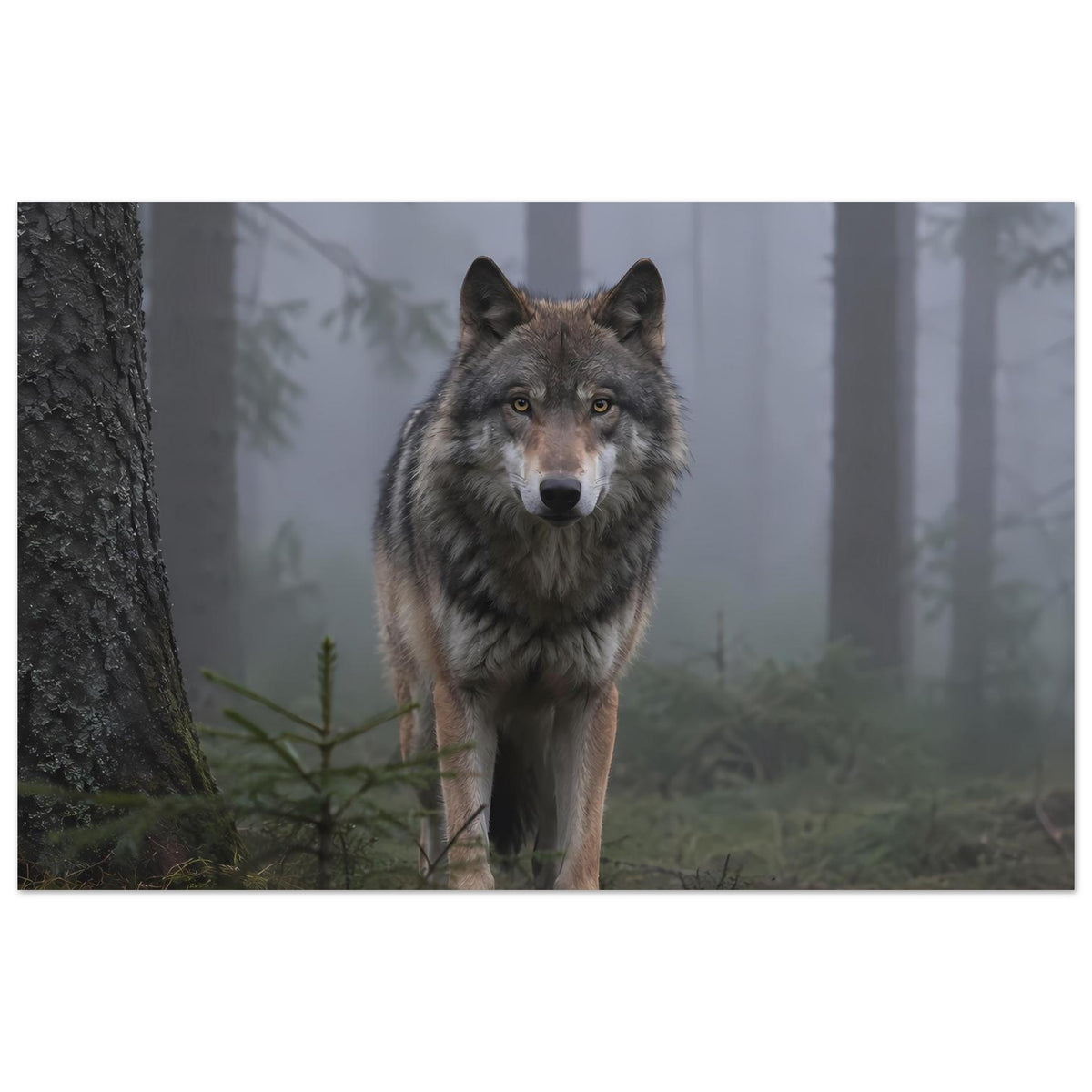Wolfsplakat im Querformat: grauer Wolf im Nebelwald, Baum links und Pflanzen vorn