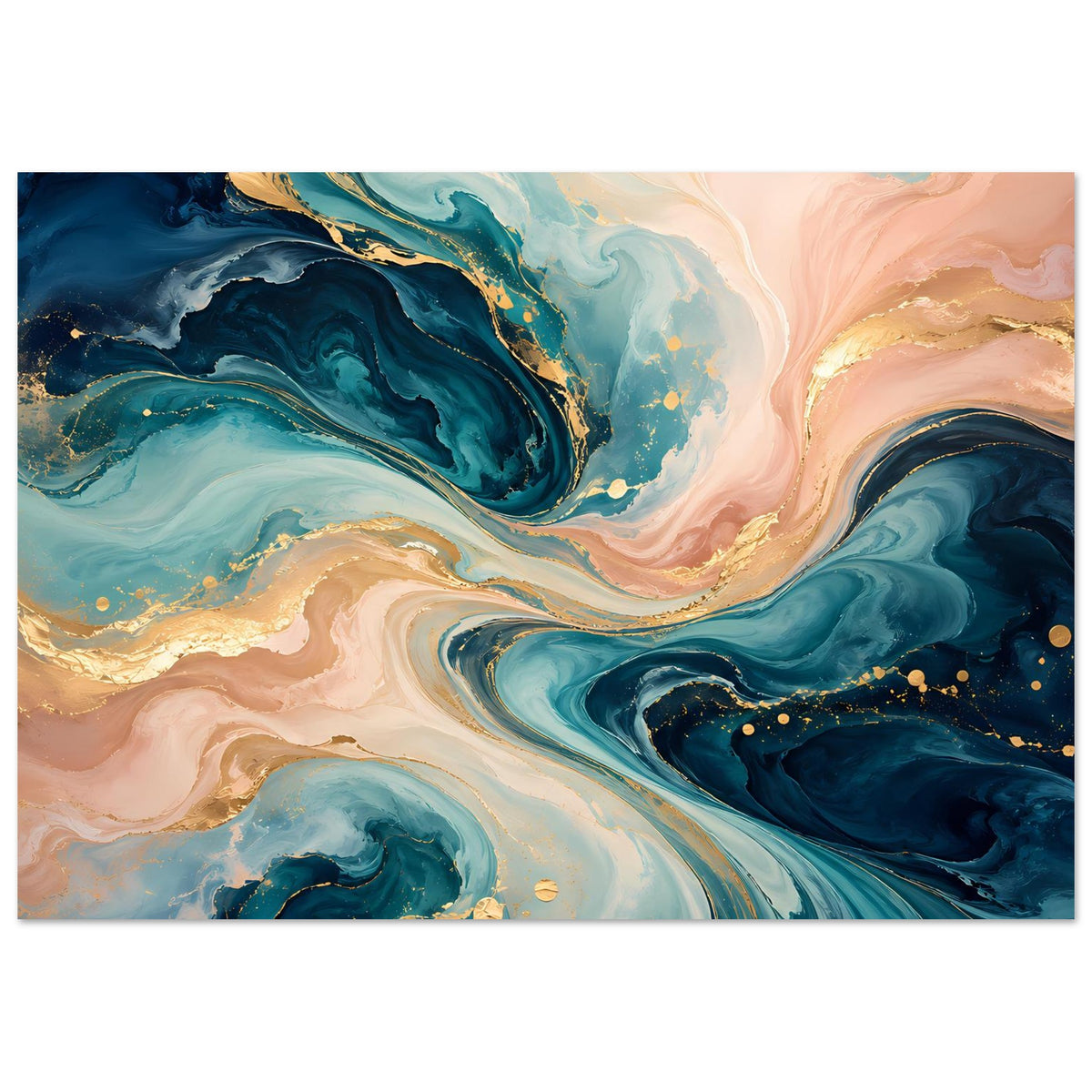 Kunstposter mit abstrakten fließenden Wellen in Blau, Türkis, Rosa und Gold