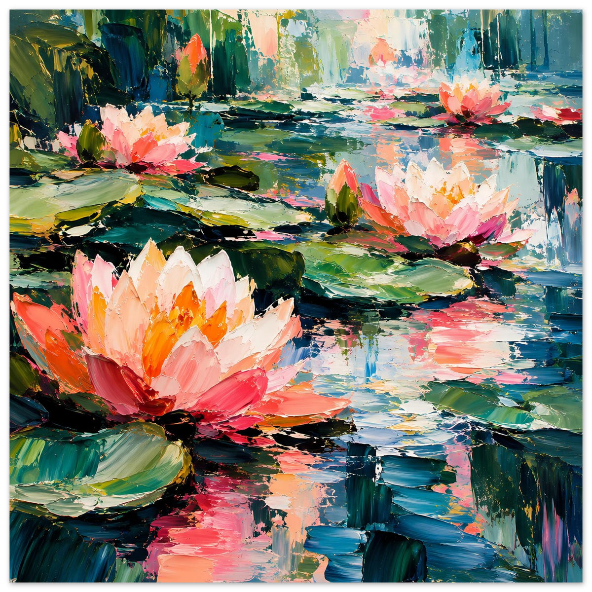 Farbenfrohes Seerosen-Poster (quadratisch) mit rosa/weißen Blüten und Wasser-Spiegelungen