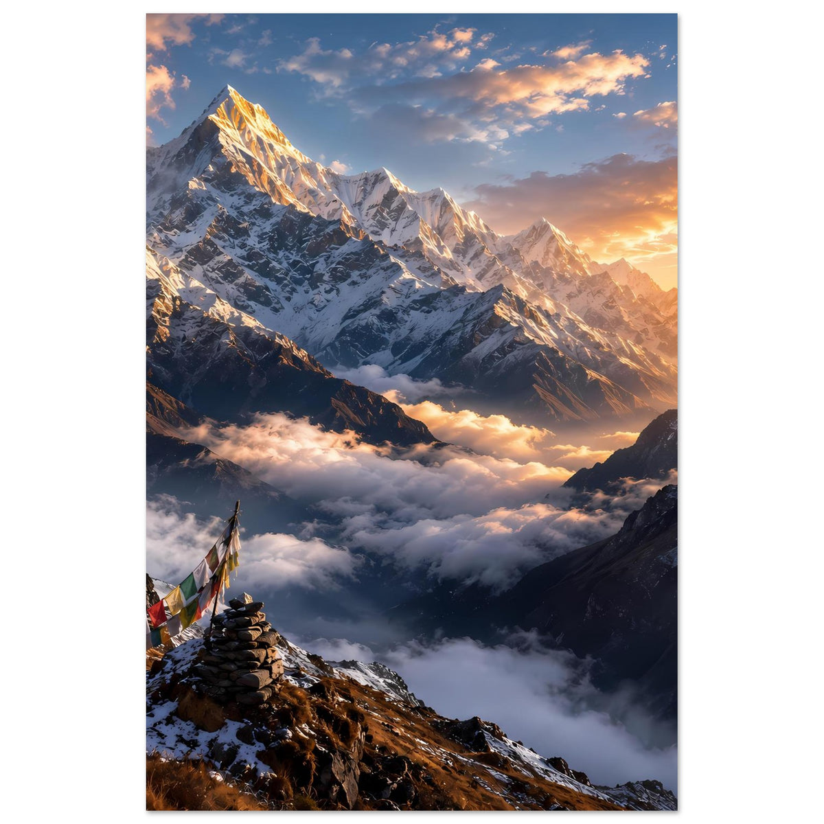 Poster mit Bergkette im warmem Abendlicht, verschneite Gipfel und Talnebel