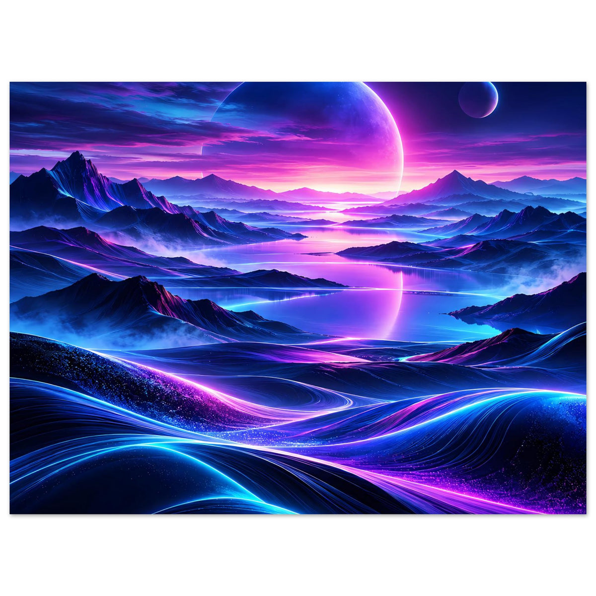 Neon-Weltraumposter im Querformat mit glühenden Farbverläufen, Planetenkugel und Lichtbahnen