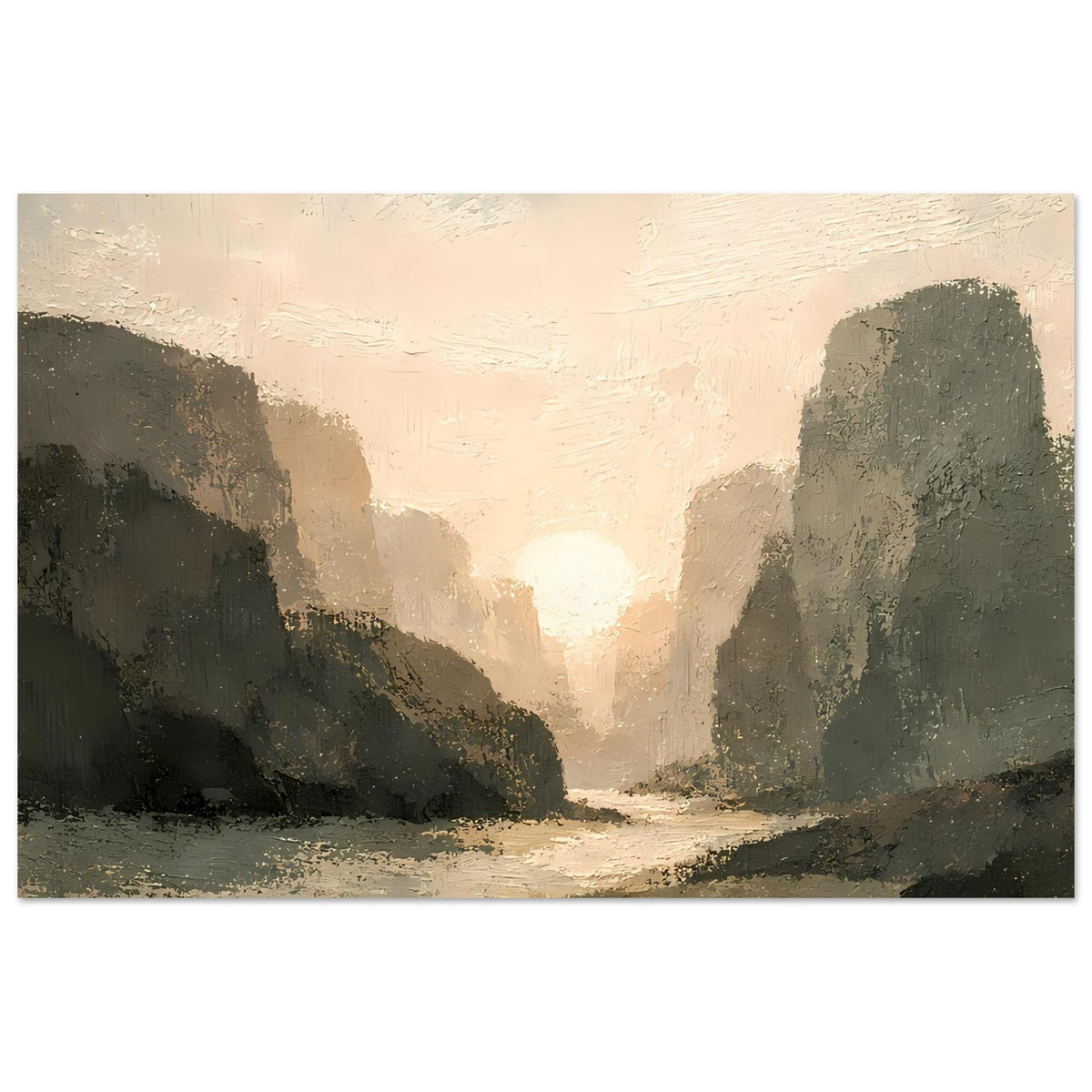 Horizontales Landschaftsposter mit Schlucht und Sonnenaufgangslicht, pastellige Farbflächen