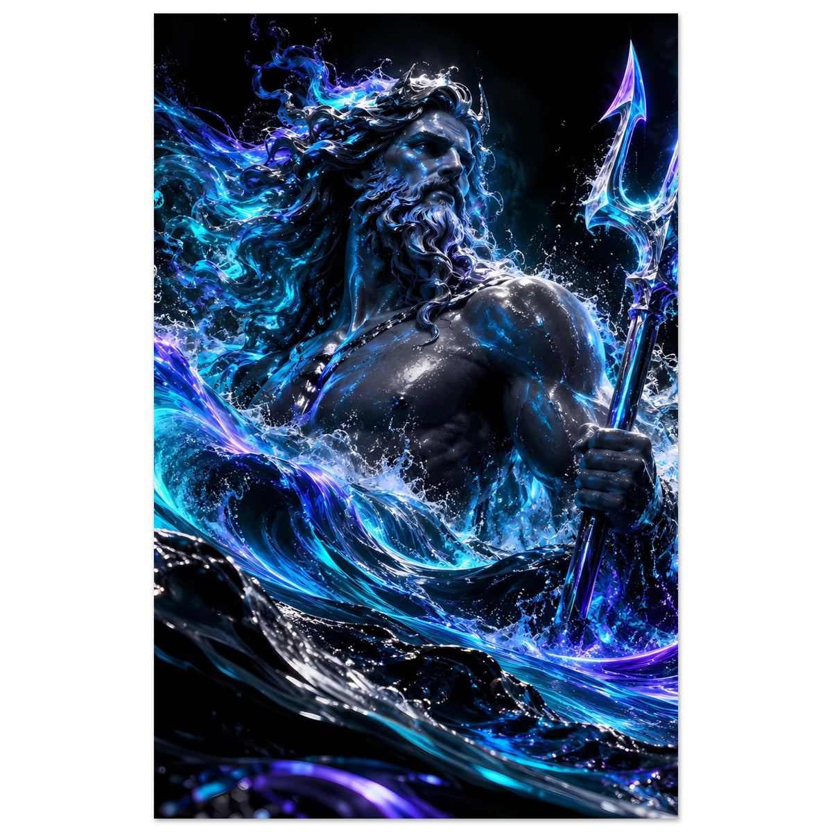 Hochkant-Poster: Poseidon mit Dreizack, leuchtende blaue Energiewellen und spritzendes Wasser