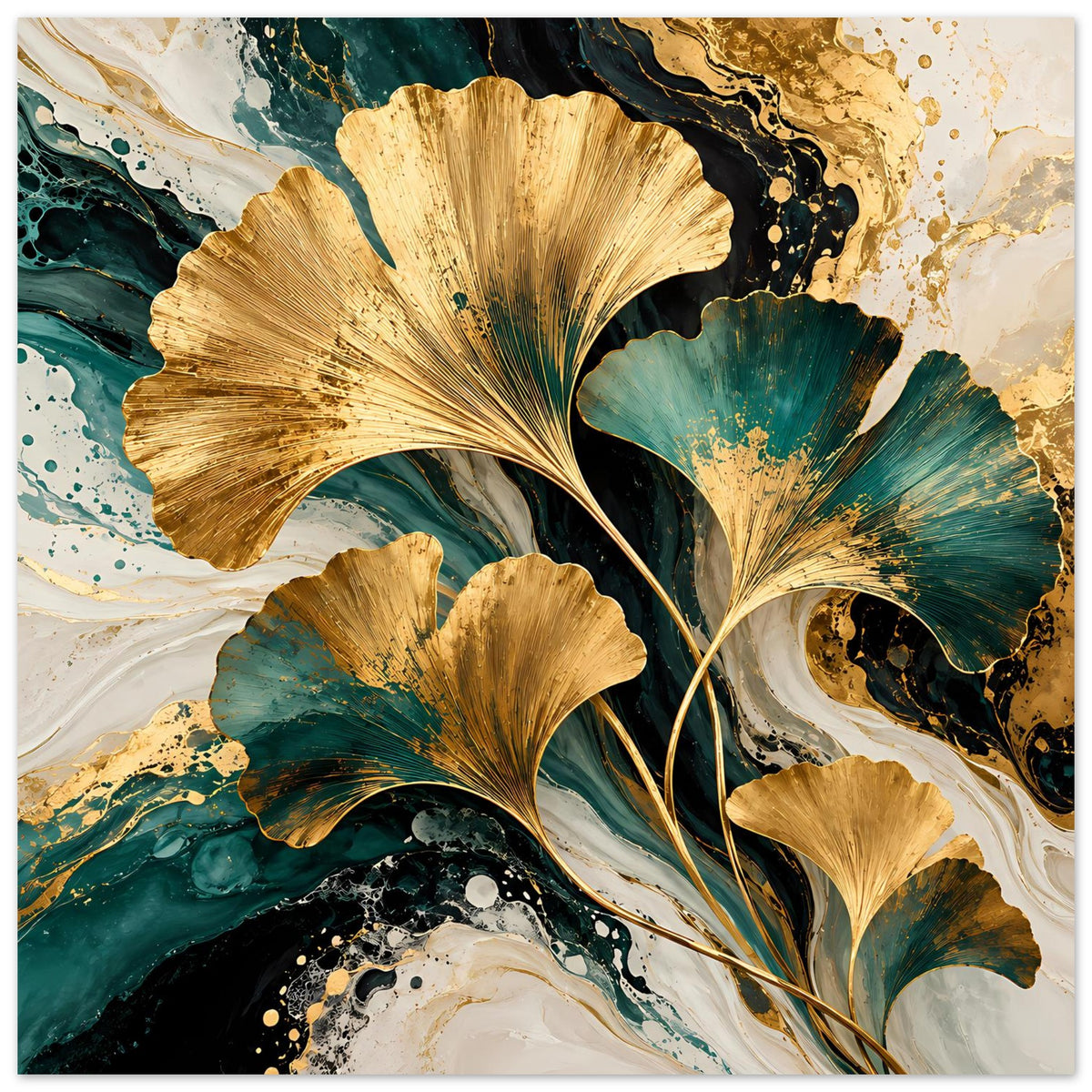 Poster mit goldenen Ginkgo-Blättern und türkis-grünen Swirls, weiß-schwarze Marmorierung sichtbar