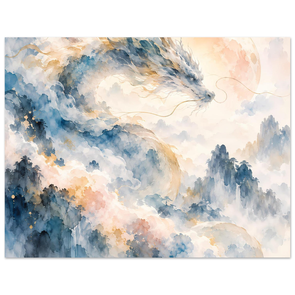 Fantasie-Aquarellposter im Querformat: blauer Drache über nebligen Bergen