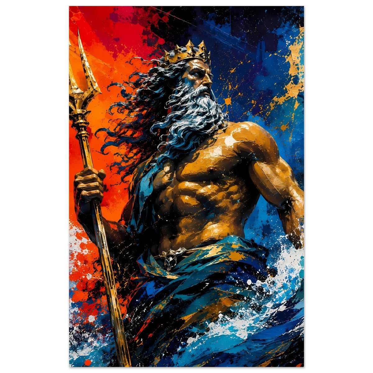 Hochformat-Poster: Poseidon-ähnlicher bärtiger Mann mit Krone und Dreizack, farbige Spritzer im Hintergrund