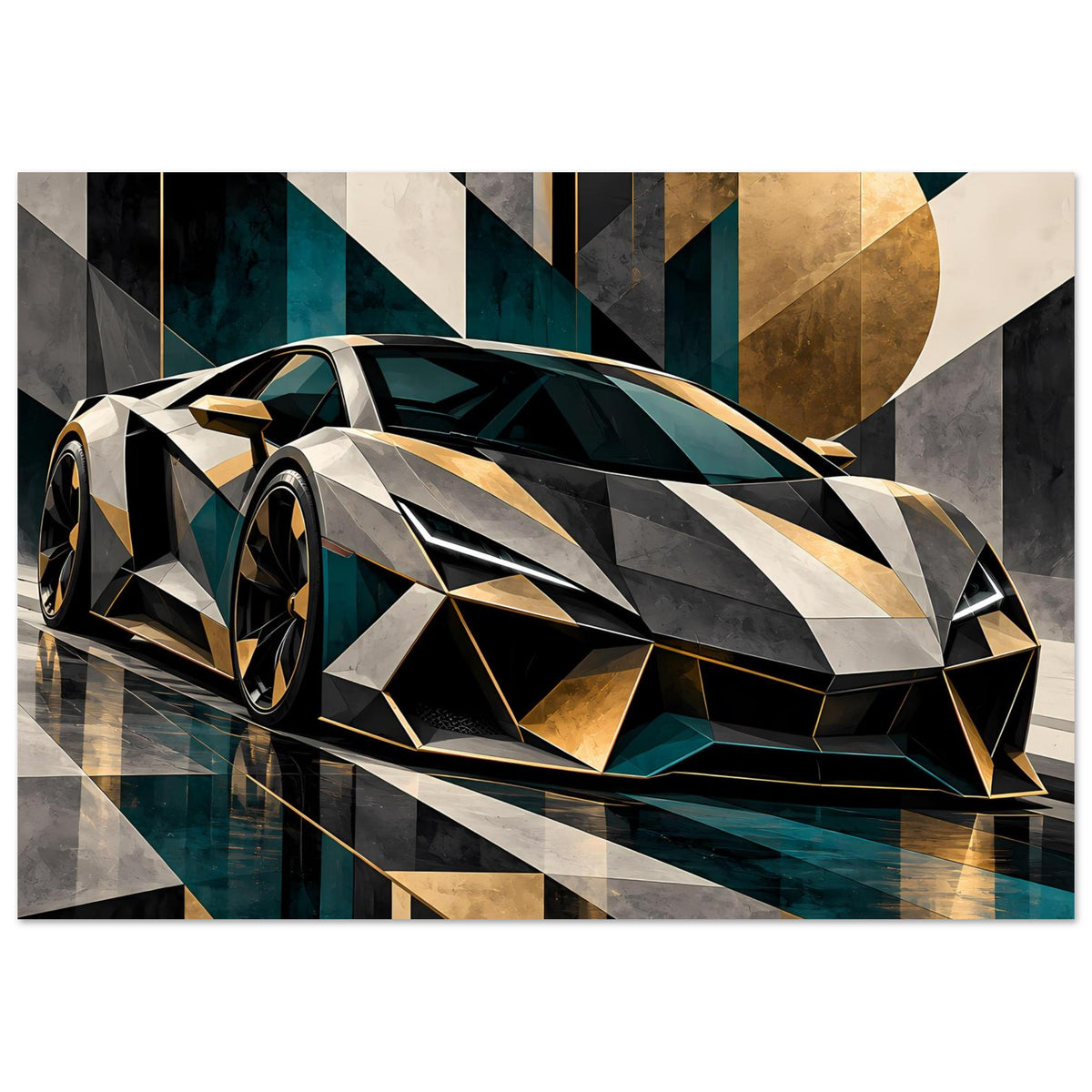 Sportwagen-Poster: Luxus-Sportwagen, silbern-schwarz, goldene Akzente, Petrol-Details