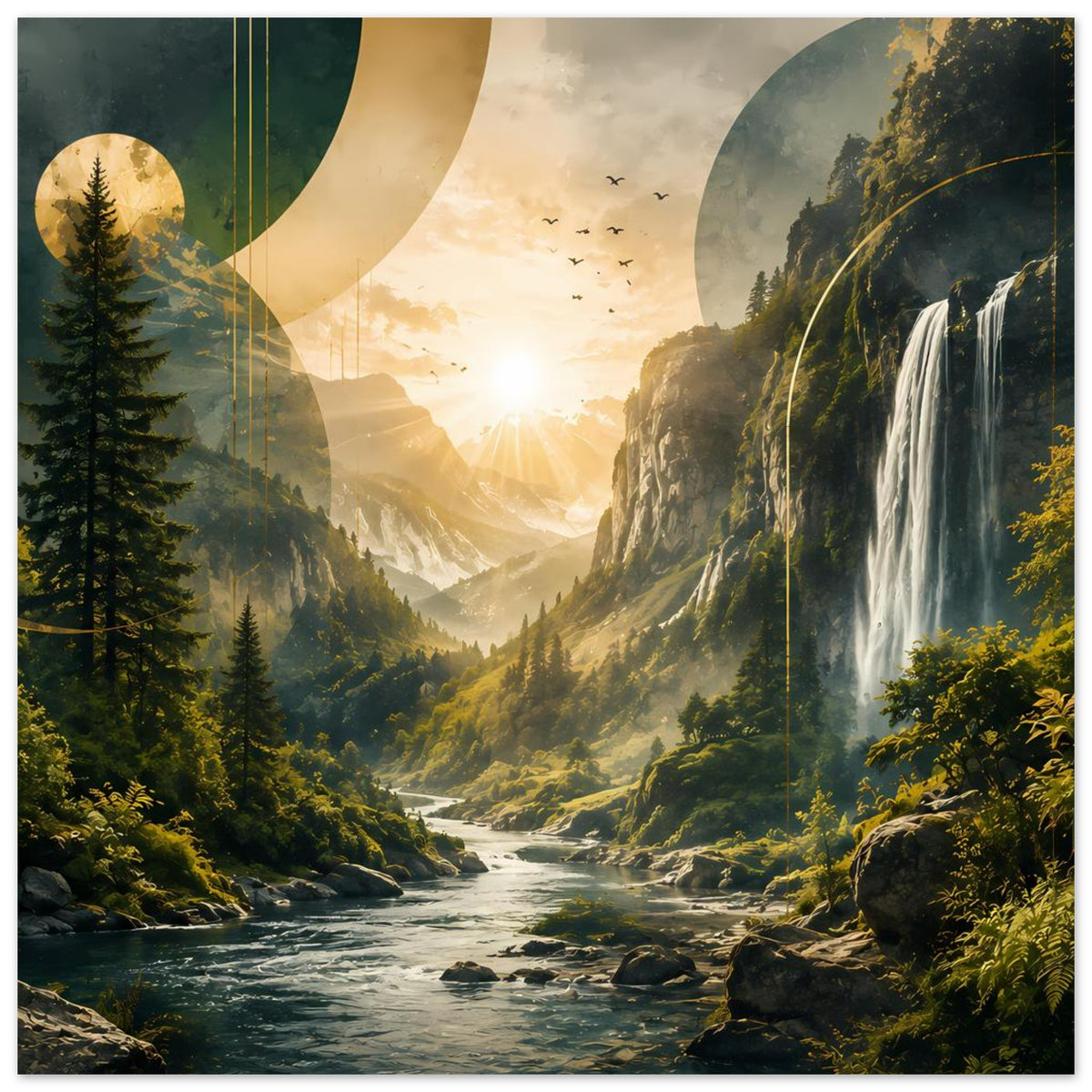 Landschaftsposter (horizontal) mit Wasserfall, Fluss und goldenem Sonnenaufgang im Tal